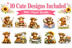 Highland Cow Summer Watercolor Clipart Bundle, Cute Cow PNG Product Image 2