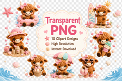 Summer Highland Cow Clipart Bundle, Cute Beach Cow PNG Product Image 2