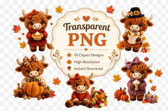 Autumn Highland Cow Clipart Bundle, Cute Fall Cow PNG Product Image 2