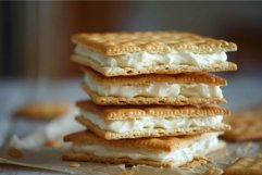Creamy sandwich biscuits stack on wooden table Product Image 1