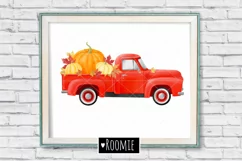 Fall vintage red TRUCK with pumpkins PNG, Watercolor clipart Product Image 3