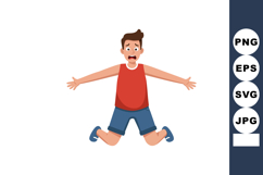Scared young boy jumping with arms open in red shirt and blu Product Image 1