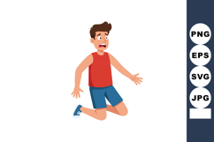 Boy in red shirt and blue shorts kneeling with scared expres Product Image 1