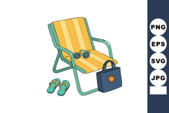 Beach chair with yellow stripes sunglasses bag and flip flop Product Image 1
