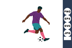 Male Soccer Player Kicking Ball in Purple Shirt and Blue Sho Product Image 1