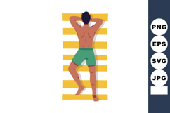 Man Relaxing on Yellow Striped Beach Towel in Green Shorts V Product Image 1