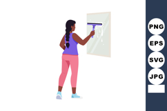 Woman cleaning window with squeegee in casual clothes domest Product Image 1