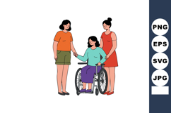 Disabled woman in wheelchair supported by two female friends Product Image 1