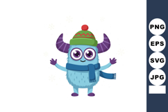 Cute blue furry monster with purple horns wearing winter hat Product Image 1