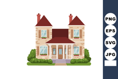 Two-story suburban house with red roof and green bushes vect Product Image 1