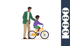 Father teaching son to ride yellow bicycle outdoor family ac Product Image 1