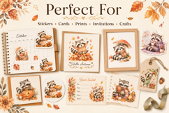Autumn Raccoon Watercolor Clipart Bundle, Cute Fall Raccoon Product Image 3