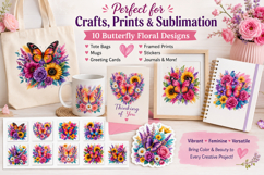 Butterfly Floral Clipart Bundle, Colorful Butterfly PNG Product Image 3
