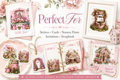 Pink Fairy Garden Watercolor Clipart Bundle, Cottagecore Product Image 2