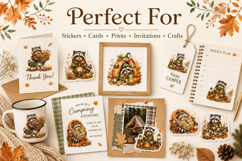 Raccoon Camping Watercolor Clipart Bundle, Autumn Camping Product Image 3
