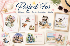 Summer Raccoon Watercolor Clipart Bundle, Cute Raccoon PNG Product Image 3