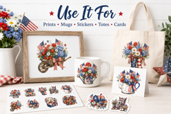 Patriotic Floral Clipart PNG, Americana Watercolor Flowers Product Image 3