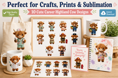 Career Highland Cow Clipart Bundle, Cute Profession Cow PNG Product Image 3