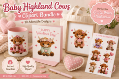 Baby Highland Cow Valentine Clipart Bundle, Cute Plush Cow Product Image 3