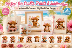 Summer Highland Cow Clipart Bundle, Cute Beach Cow PNG Product Image 3