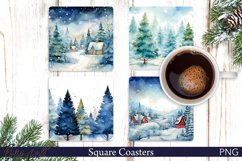 Winter Forest Square Coaster | Watercolor Scene PNG Product Image 1
