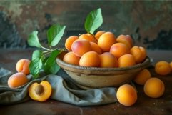 Fresh apricots in rustic bowl on wooden table Product Image 1