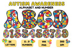 Autism Awareness Doodle Letters Puzzle Piece Alphabet PNG Product Image 1