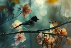 Small bird perched on branch surrounded by pink flowers enjo Product Image 1