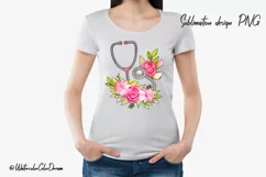 Nurse Floral Sublimation design. Watercolor stethoscope PNG Product Image 5