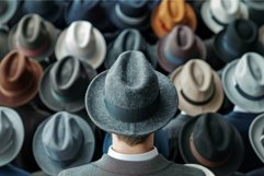 Man standing out from crowd wearing different hat Product Image 1
