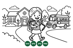 Line Art School Girl Walking With Bus Illustration Product Image 1