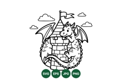 Cute Dragon And Castle Line Art Illustration Product Image 1
