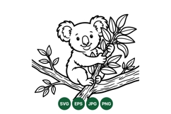 Cute Koala Sitting On Tree Branch Line Illustration Product Image 1