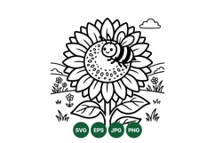Black And White Sunflower And Bee Vector Illustration Product Image 1