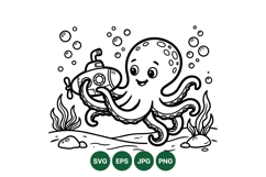 Cute Octopus Holding Submarine Underwater Illustration Product Image 1