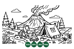 Hand Drawn Camping Scene Illustration With Volcano Product Image 1