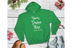 Green Christmas Hoodie Mockup, Winter Holiday Flat Lay Product Image 1