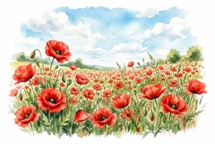 Watercolor red poppy field Memorial Day scenery clipart Product Image 1