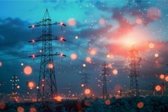 Electricity pylons towering above cityscape at sunset genera Product Image 1