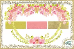 Watercolor Floral pink wreath - GOLD frame -5 PNG elements Product Image 2