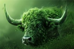 Powerful green bull emerging from lush forest with sunlight Product Image 1
