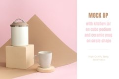 Mockup. Kitchen jar on cube podium and ceramic mug on shape Product Image 1