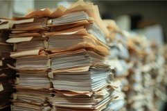 Stacks of paperwork and files in office Product Image 1