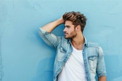 Stylish young man posing against blue wall Product Image 1
