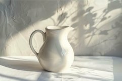 White ceramic milk jug casting shadow on white tablecloth Product Image 1