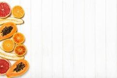 Exotic fruits orange papaya wooden background Stock photo Product Image 1
