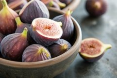 Fresh figs in wooden bowl on dark surface Product Image 1