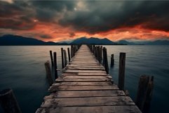 Dramatic sunset at lake pier Product Image 1