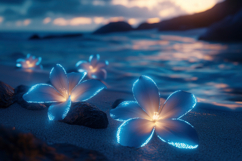 Glowing Blue Flowers with Beach Background Wallpaper Product Image 1