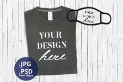 Dark Gray T-shirt & Face Mask Mockup, Folded T-shirt Mock up Product Image 1